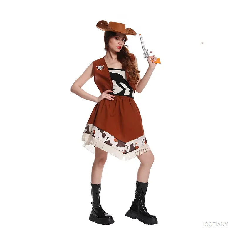 Women Cowboy Dress Western Cosgirl Costumes Adult Fancy Dress Up Carnival Masquerade Cosplay Party Outfits