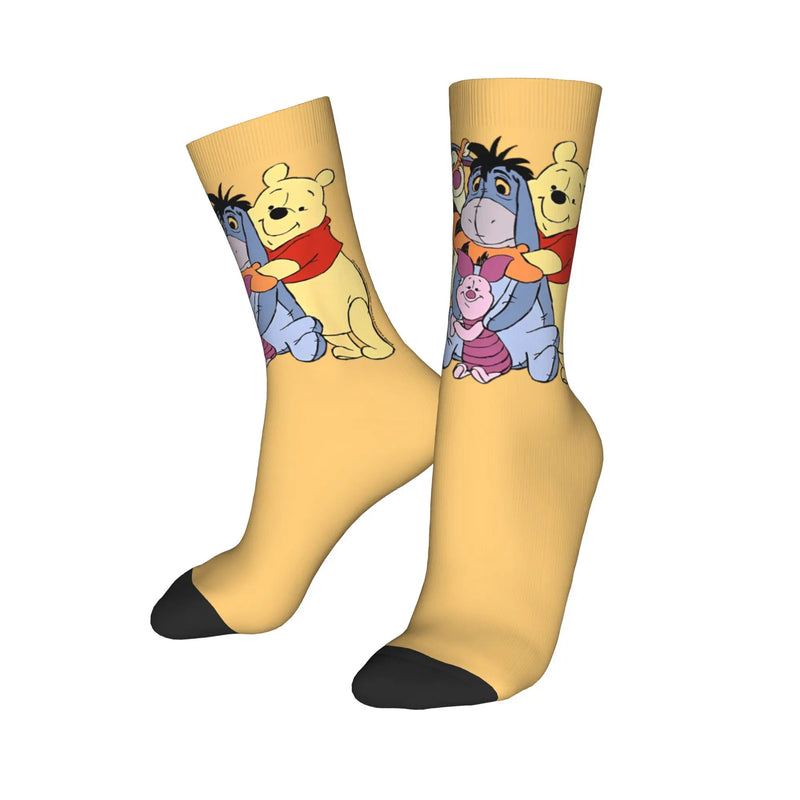 Winnie The Pooh Group Hug Socks Men Women Polyester Funny Happy Eeyore Piglet Tigger Harajuku Middle Tube Socks Gift Stockings