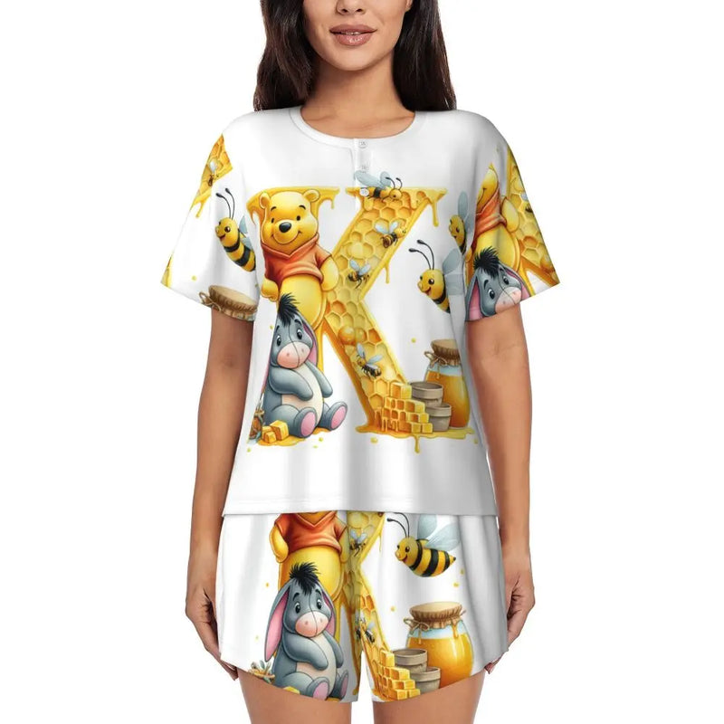 Custom Winnie The Pooh Pajama Sets Womens 2 Piece Short Sleeve Pjs Shorts Sleepwear