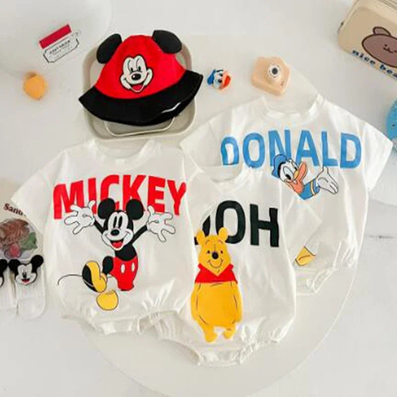 Newborn Baby Boys Girls Rompers+Sock+Hat 3pcs Set Cartoon Mickey Pooh Donald Duck Print Cotton Clothes Jumpsuit Infant Bodysuits