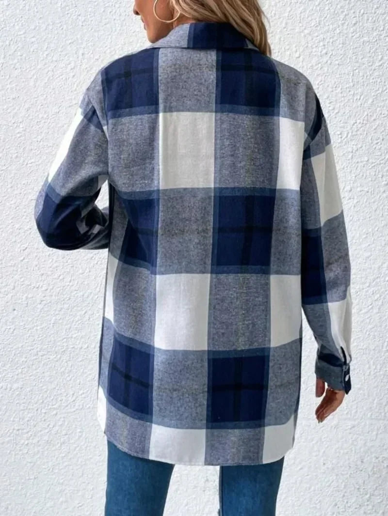 Women's Plus Size 1XL-5XL New Casual Checker Printed Shirt with Button Flip Collar Fashion Commuter Long Sleeved Shirt