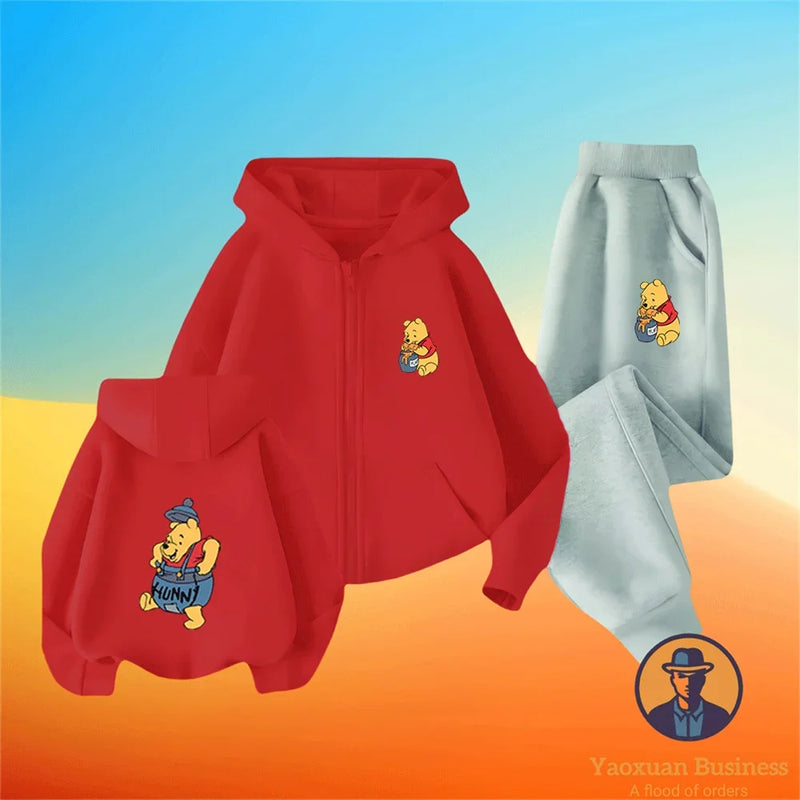 Winnie The Pooh Spring Autumn Cute 2Pcs Casual Hoodie+Pants Tracksuits 3-14 Years Boys Girls Outfits Children Clothes