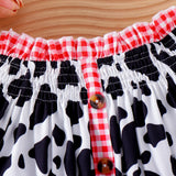 Baby Girls Summer Western Cowgirl Outfit Cow Print Off Shoulder Smocked Shirt Top with Denim Shorts for Daily School Party Wear