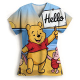Winnie The Pooh Heart Nurse Uniform Print Tops V-Neck Pocket Medical Uniforms Nursing Scrubs Tops Working Clothes Uniforme Enfer