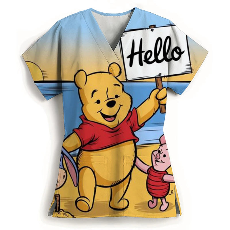 Winnie The Pooh Heart Nurse Uniform Print Tops V-Neck Pocket Medical Uniforms Nursing Scrubs Tops Working Clothes Uniforme Enfer