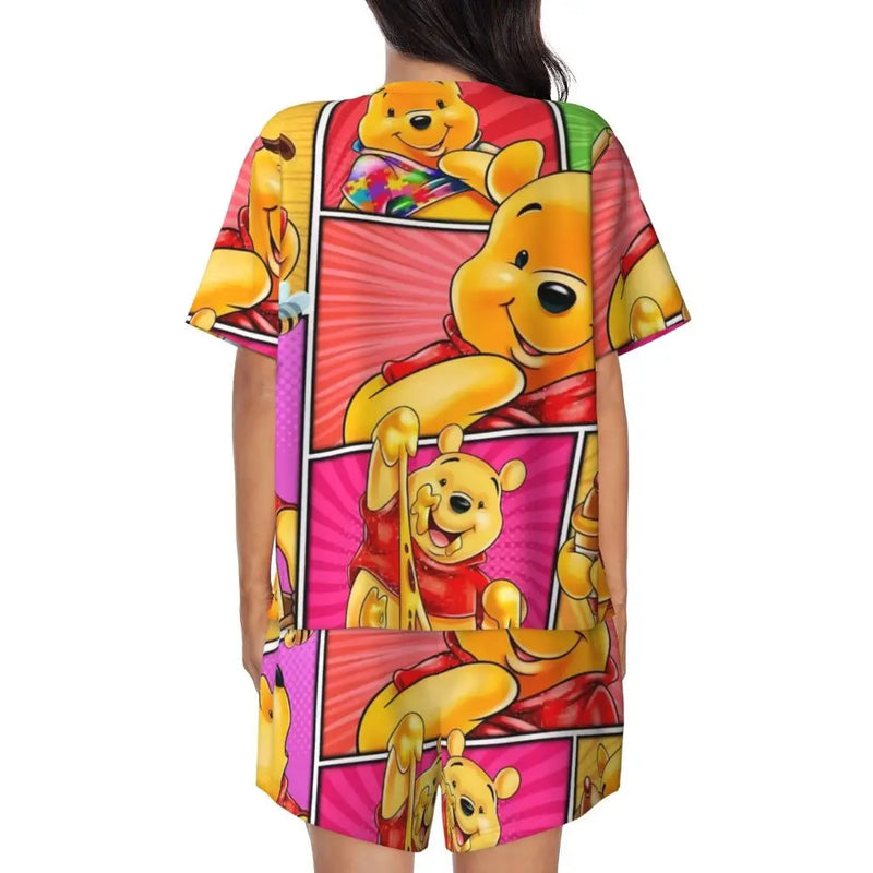 Custom Winnie The Pooh Pajama Sets Womens 2 Piece Short Sleeve Pjs Shorts Sleepwear