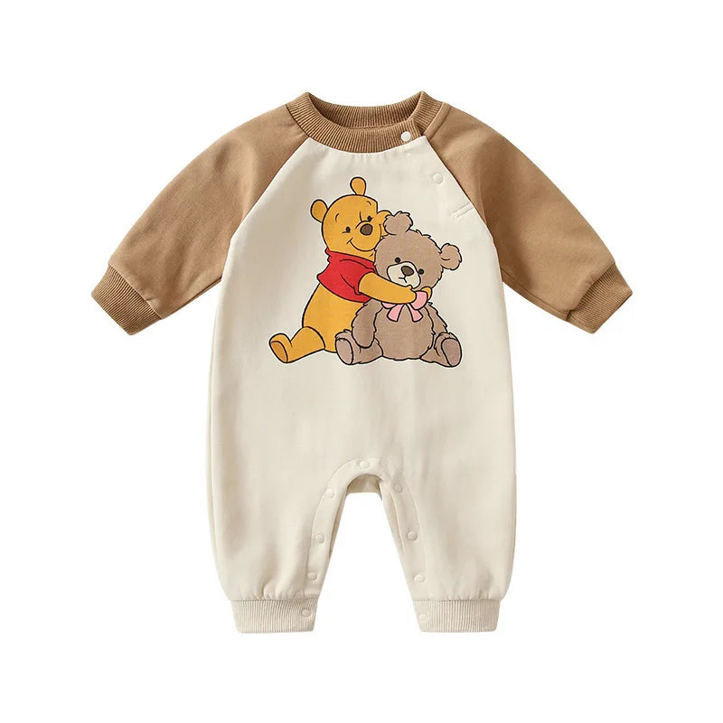 MINISO Winnie the Pooh Baby Color Matching Spring Newborn Climbing Clothes Long Sleeve Soft Cotton Kawaii Bodysuit 0-1 Years