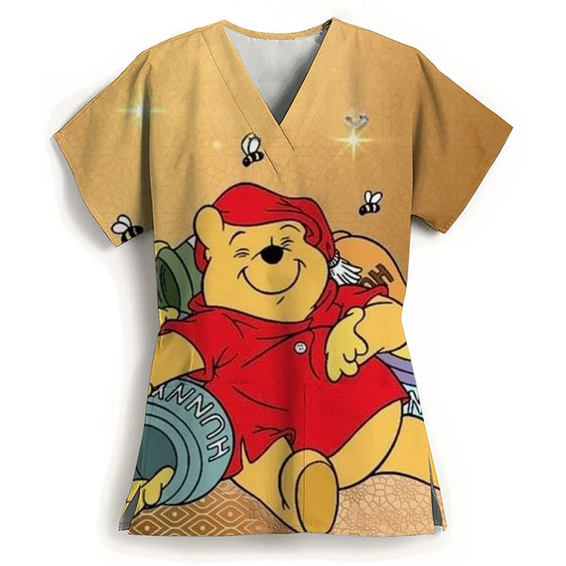 Winnie The Pooh Heart Nurse Uniform Print Tops V-Neck Pocket Medical Uniforms Nursing Scrubs Tops Working Clothes Uniforme Enfer