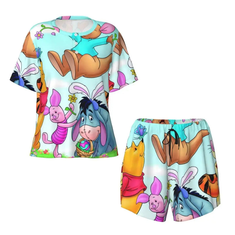 Custom Winnie The Pooh Pajama Sets Womens 2 Piece Short Sleeve Pjs Shorts Sleepwear