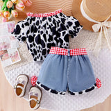 Kids Girls Western Cowgirl Outfit Cow Print Off Shoulder Smocked Shirt Top with Denim Shorts Daily School Party Holiday Costume