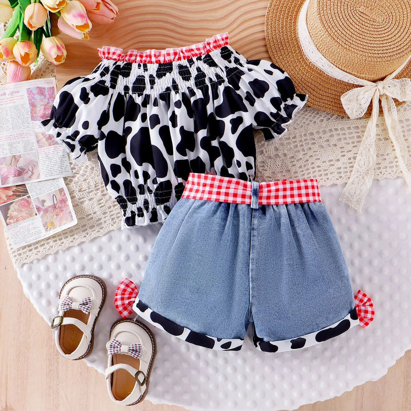 Little Girls Western Cowgirl Outfit Cow Print Off Shoulder Smocked Shirt Top with Denim Shorts Summer Daily School Party Clothes