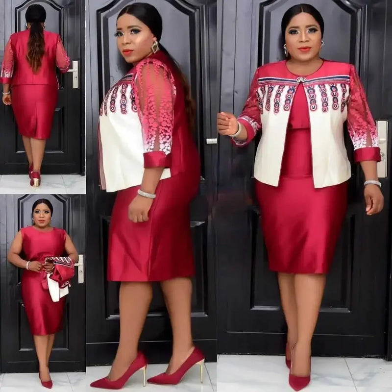 4XL 5XL Africa Plus Size Women Dress 2 Piece suit Spring Autumn New Round Neck 3/4 Sleeve Pleated Dress Large Size Clothes