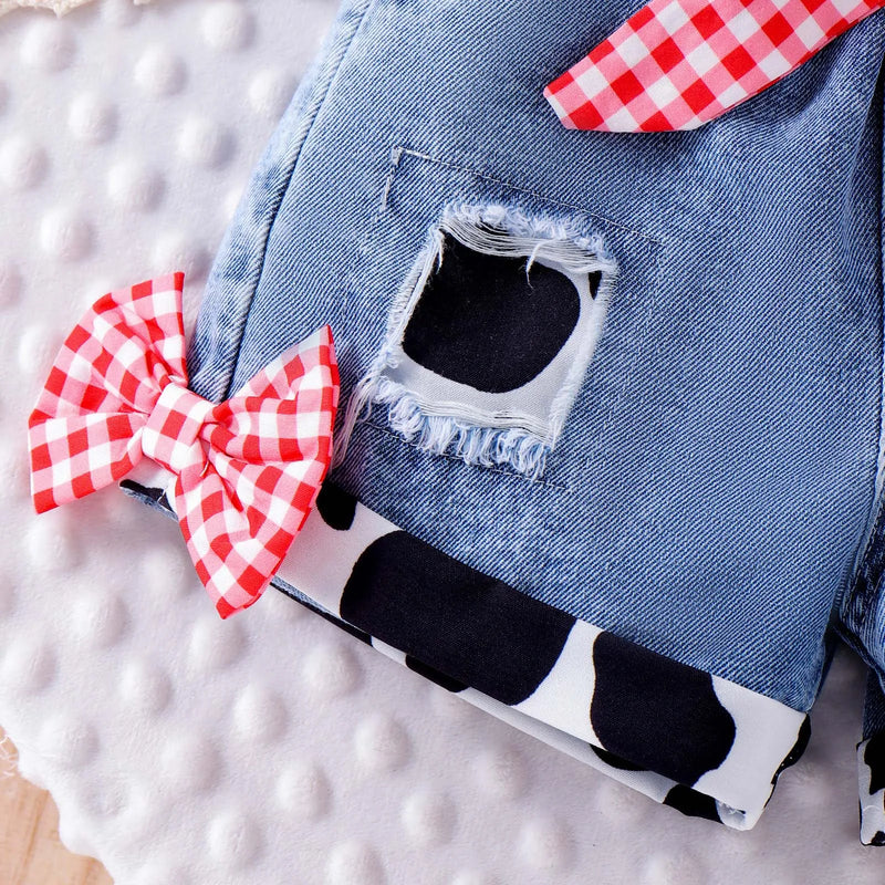 Baby Girls Summer Western Cowgirl Outfit Cow Print Off Shoulder Smocked Shirt Top with Denim Shorts for Daily School Party Wear