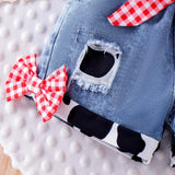 Kids Girls Western Cowgirl Outfit Cow Print Off Shoulder Smocked Shirt Top with Denim Shorts Daily School Party Holiday Costume