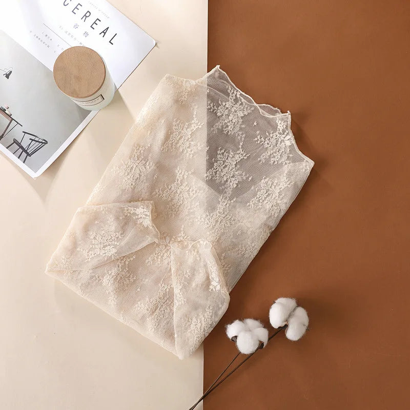 S-XL New Women Floral Lace Shirt Spring Autumn Long Sleeve Sexy Mesh Bottoming Shirts Mock Neck Blouse T-Shirt Pullover Top