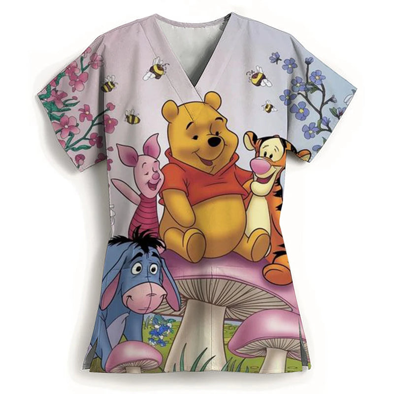 Winnie The Pooh Heart Nurse Uniform Print Tops V-Neck Pocket Medical Uniforms Nursing Scrubs Tops Working Clothes Uniforme Enfer