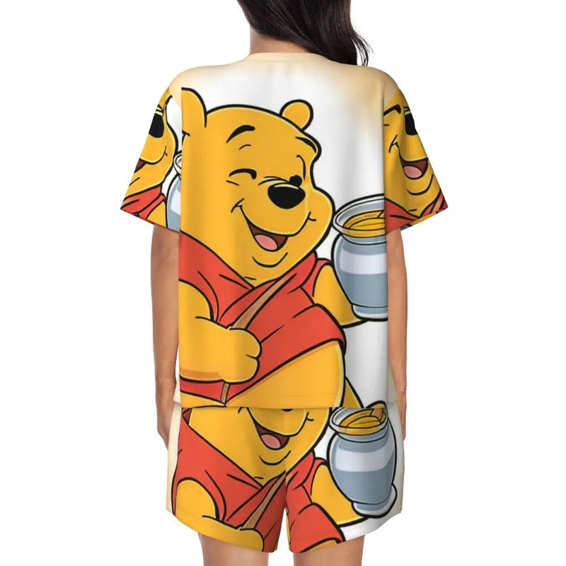 Custom Winnie The Pooh Pajama Sets Womens 2 Piece Short Sleeve Pjs Shorts Sleepwear