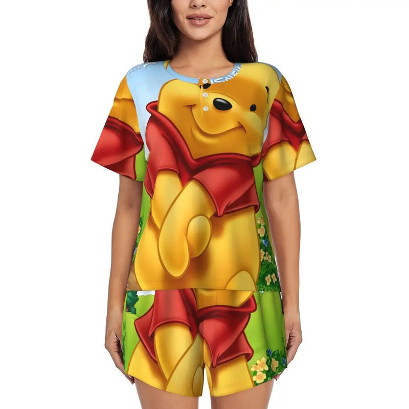 Custom Winnie The Pooh Pajama Sets Womens 2 Piece Short Sleeve Pjs Shorts Sleepwear