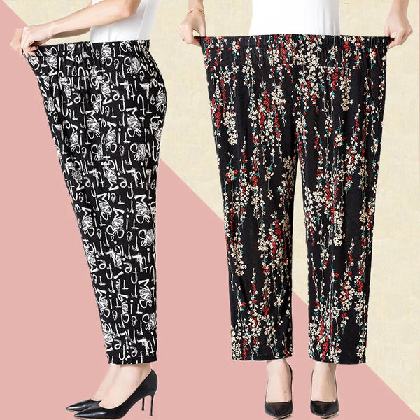 XL-8XL Plus Size Women Harem Pants Casual Elastic High Waist Pants Print Middle Aged Women Loose Straight Pants Mom Trousers