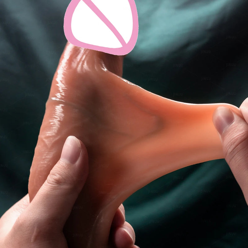 Vibration Sliding Foreskin Dildo USB Charging Suction Cup Strap on Dildo For Women and Man Realistic Silicone Penis GSpot Dildo