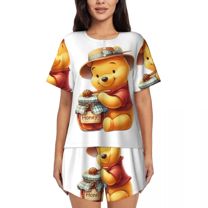 Custom Winnie The Pooh Pajama Sets Womens 2 Piece Short Sleeve Pjs Shorts Sleepwear