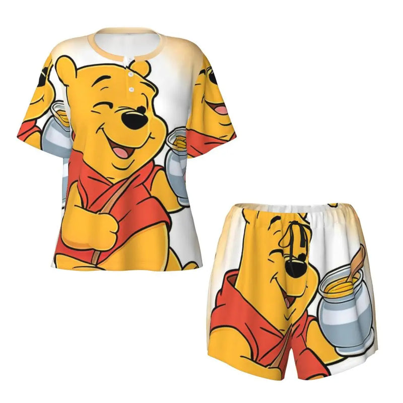 Custom Winnie The Pooh Pajama Sets Womens 2 Piece Short Sleeve Pjs Shorts Sleepwear