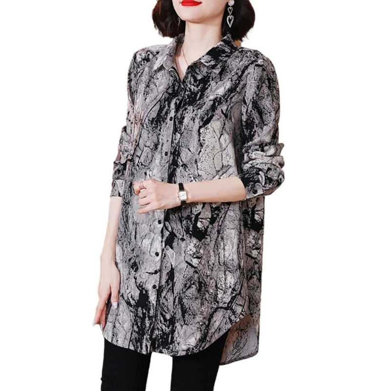 5XL Loose Women Spring Summer Shirts Lady Fashion Casual Long Sleeve Turn-down Collar Printing Blusas Tops TT2030