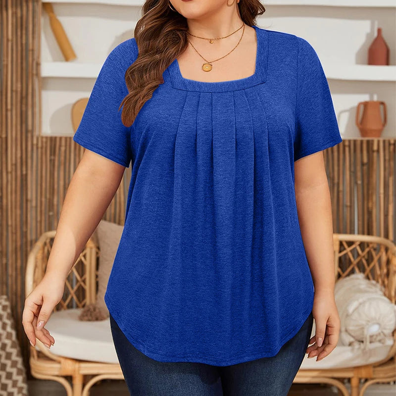 5XL Plus Size Woman Clothing Solid Color Short Sleeve T-shirt Elegant Pleated Square Neck Casual Tees Large Size Ladies Tops