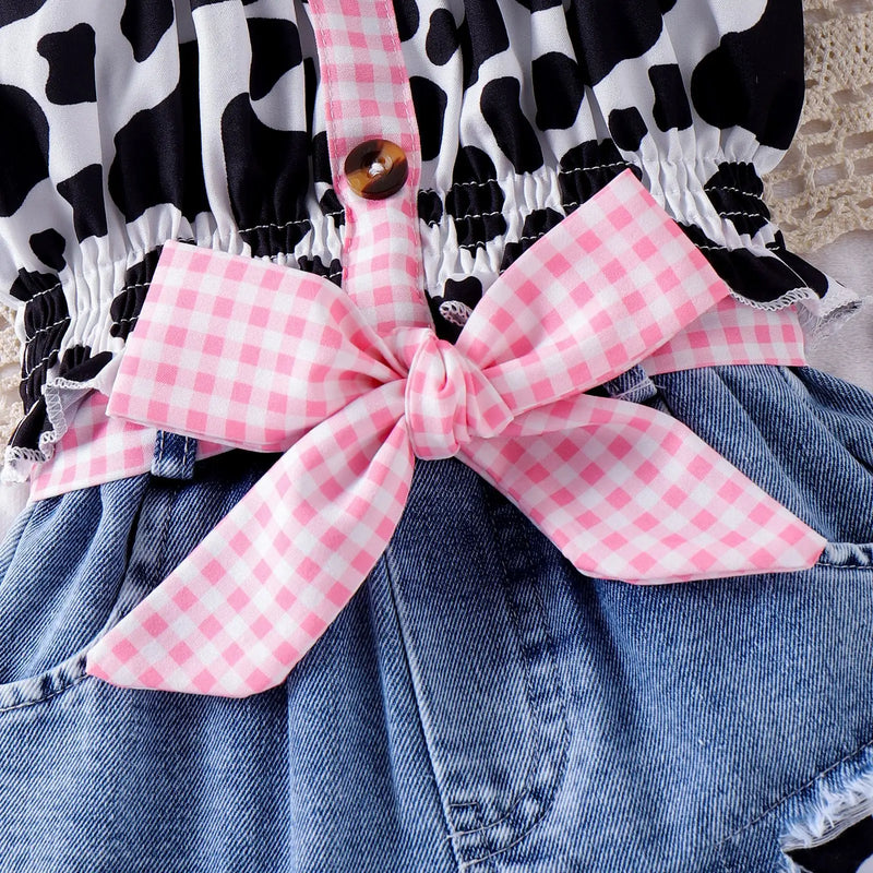 Kids Girls Western Cowgirl Outfit Cow Print Off Shoulder Smocked Shirt Top with Denim Shorts Daily School Party Holiday Costume