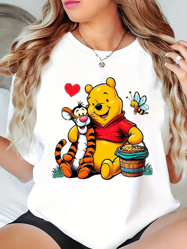 MINISO Winnie the Pooh and Tigger cartoon print short-sleeved T-shirt casual and versatile style suitable for women's daily wear