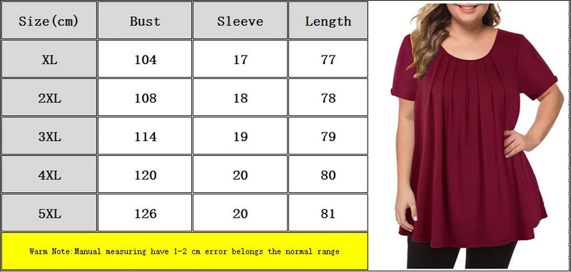 5XL Plus Size T Shirt Summer Woman Short Sleeve O-Neck Casual Tops Loose Female Pleated Blouse Tunic Solid Color Pullover Tops