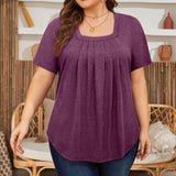 5XL Plus Size Woman Clothing Solid Color Short Sleeve T-shirt Elegant Pleated Square Neck Casual Tees Large Size Ladies Tops