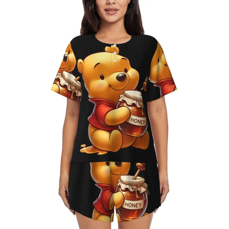 Custom Winnie The Pooh Pajama Sets Womens 2 Piece Short Sleeve Pjs Shorts Sleepwear
