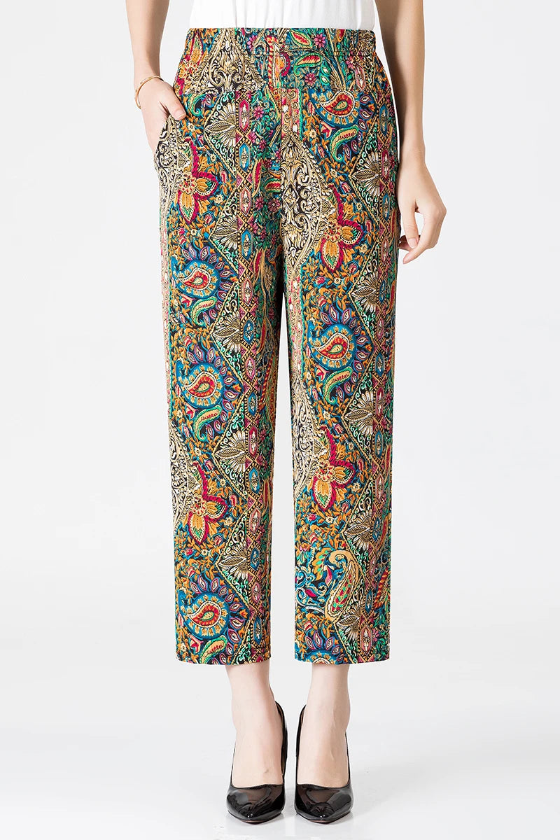 XL-8XL Plus Size Women Harem Pants Casual Elastic High Waist Pants Print Middle Aged Women Loose Straight Pants Mom Trousers