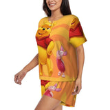 Custom Winnie The Pooh Pajama Sets Womens 2 Piece Short Sleeve Pjs Shorts Sleepwear