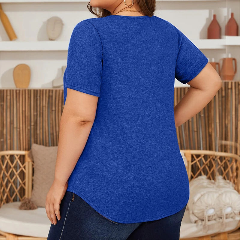 5XL Plus Size Woman Clothing Solid Color Short Sleeve T-shirt Elegant Pleated Square Neck Casual Tees Large Size Ladies Tops