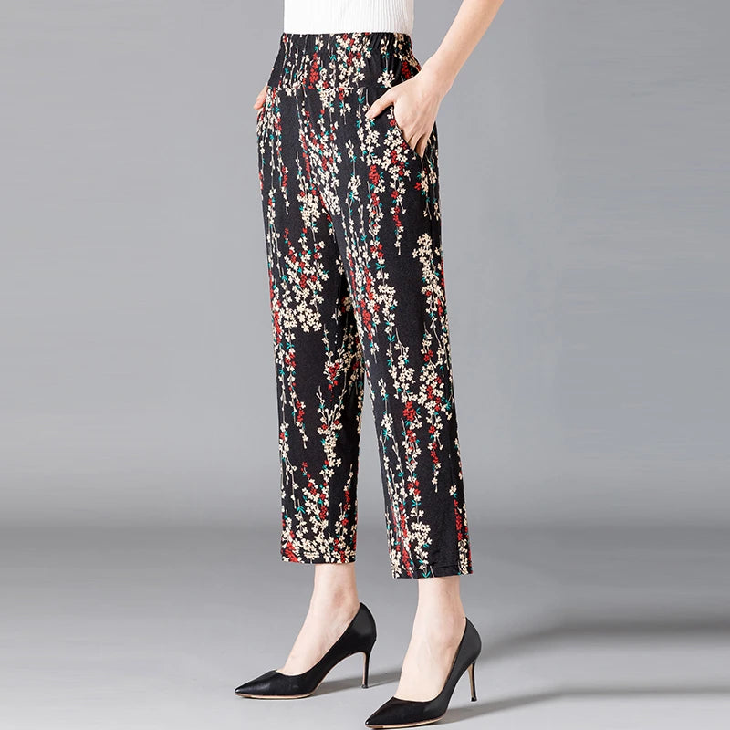 XL-8XL Plus Size Women Harem Pants Casual Elastic High Waist Pants Print Middle Aged Women Loose Straight Pants Mom Trousers