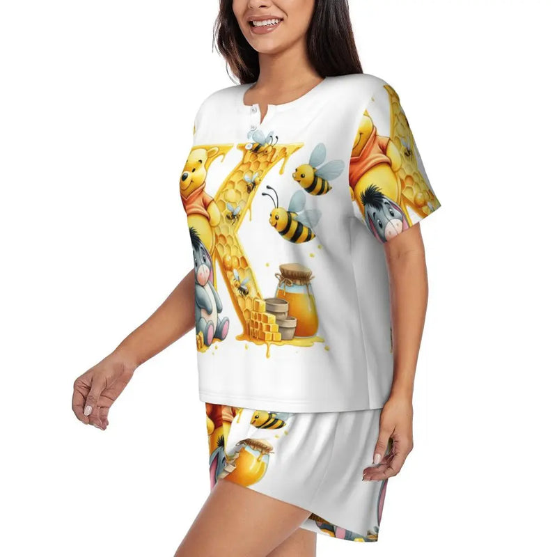 Custom Winnie The Pooh Pajama Sets Womens 2 Piece Short Sleeve Pjs Shorts Sleepwear