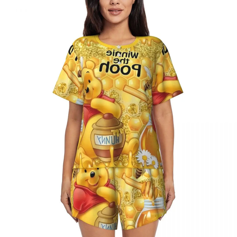Custom Winnie The Pooh Pajama Sets Womens 2 Piece Short Sleeve Pjs Shorts Sleepwear