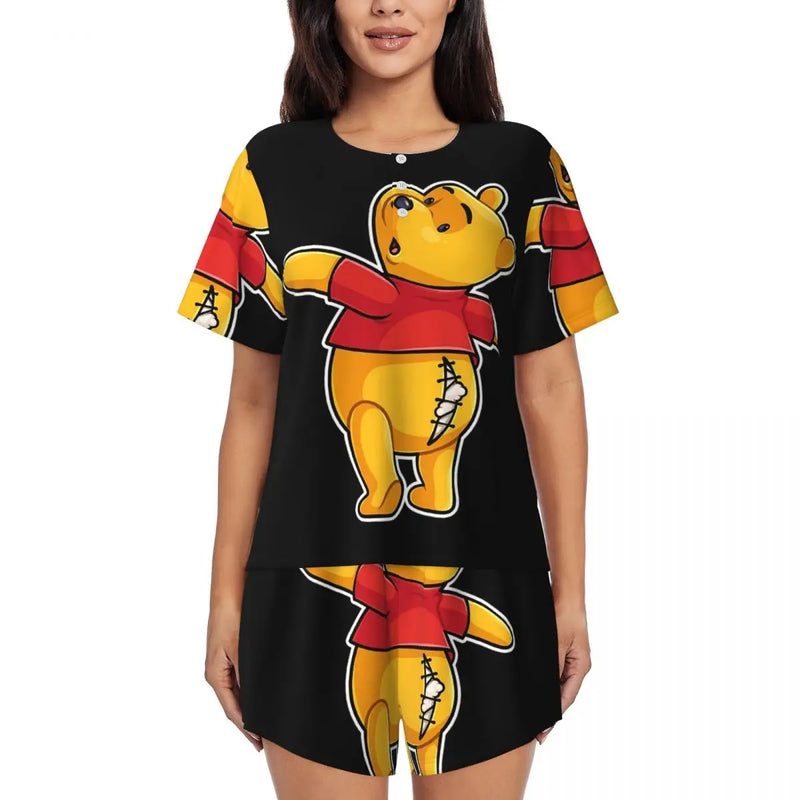 Custom Winnie The Pooh Pajama Sets Womens 2 Piece Short Sleeve Pjs Shorts Sleepwear