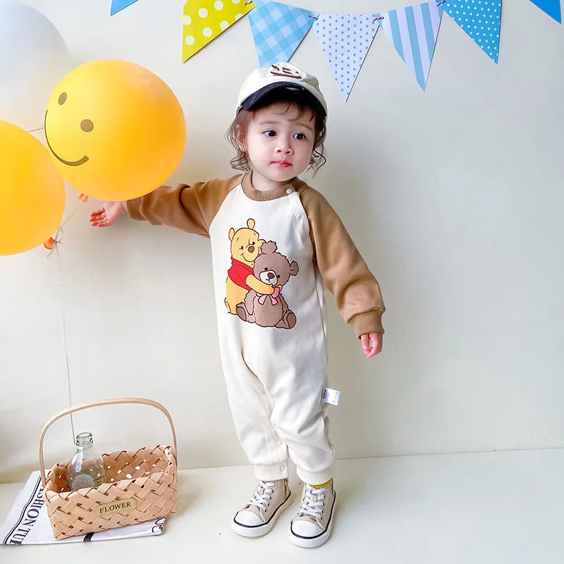 MINISO Winnie the Pooh Baby Color Matching Spring Newborn Climbing Clothes Long Sleeve Soft Cotton Kawaii Bodysuit 0-1 Years