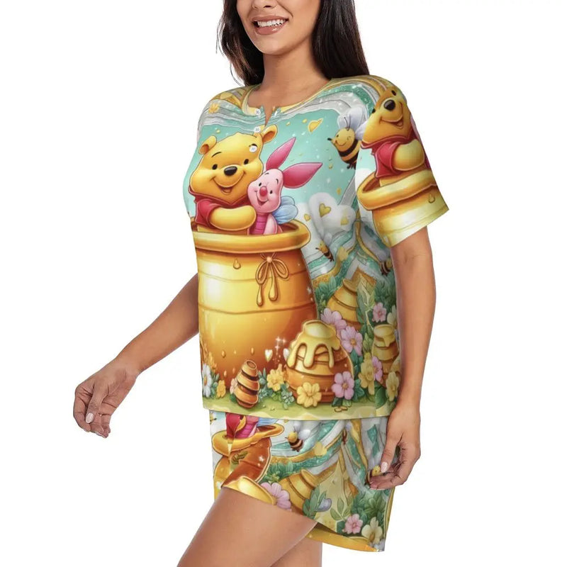 Custom Winnie The Pooh Pajama Sets Womens 2 Piece Short Sleeve Pjs Shorts Sleepwear