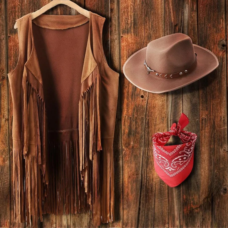 3 Pcs Women Cowboy Cowgirl Costume Faux Suede Tassel Vest Waistcoat with Rivets Cowboy Hat Carnival Party Clothes Clubwear