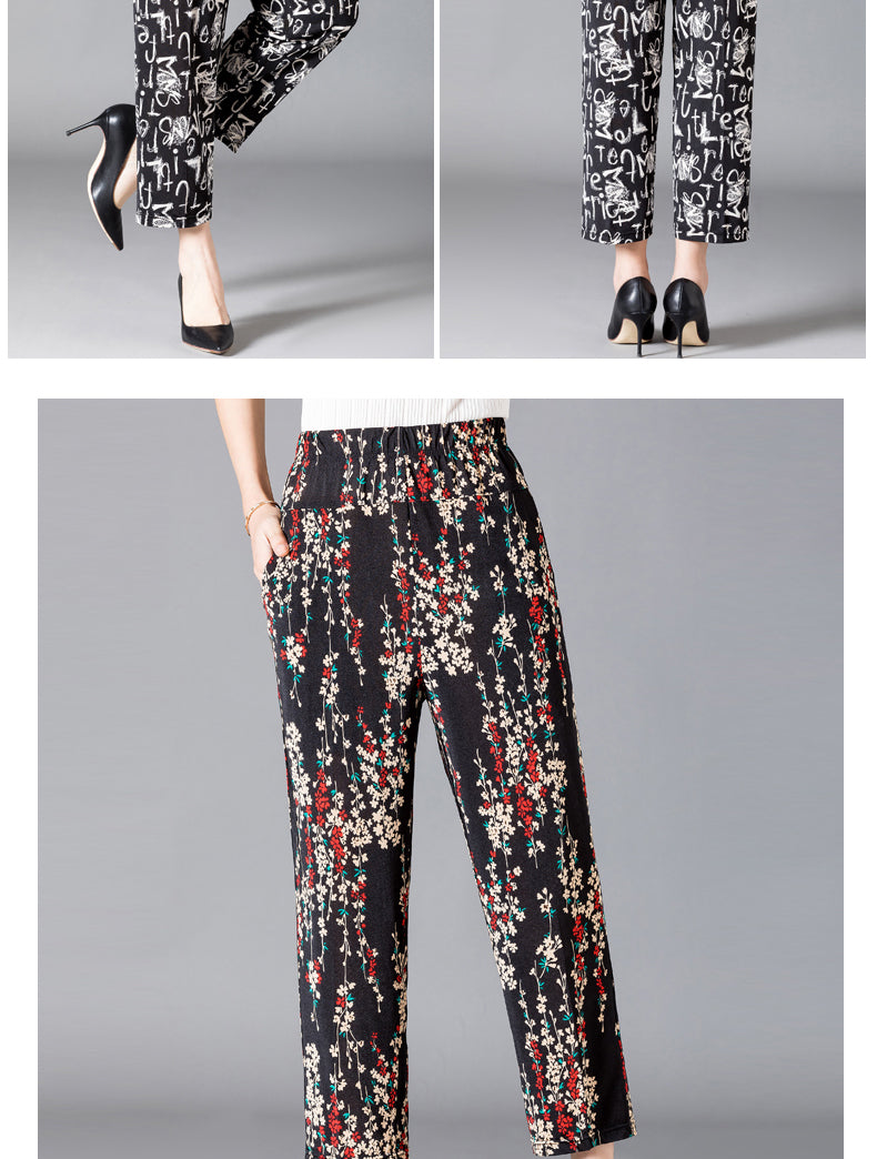 XL-8XL Plus Size Women Harem Pants Casual Elastic High Waist Pants Print Middle Aged Women Loose Straight Pants Mom Trousers