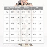 Size chart for Plus Size Cow Print Strapless Maxi Dress showing measurements for XL to 6XL in inches and centimeters.
