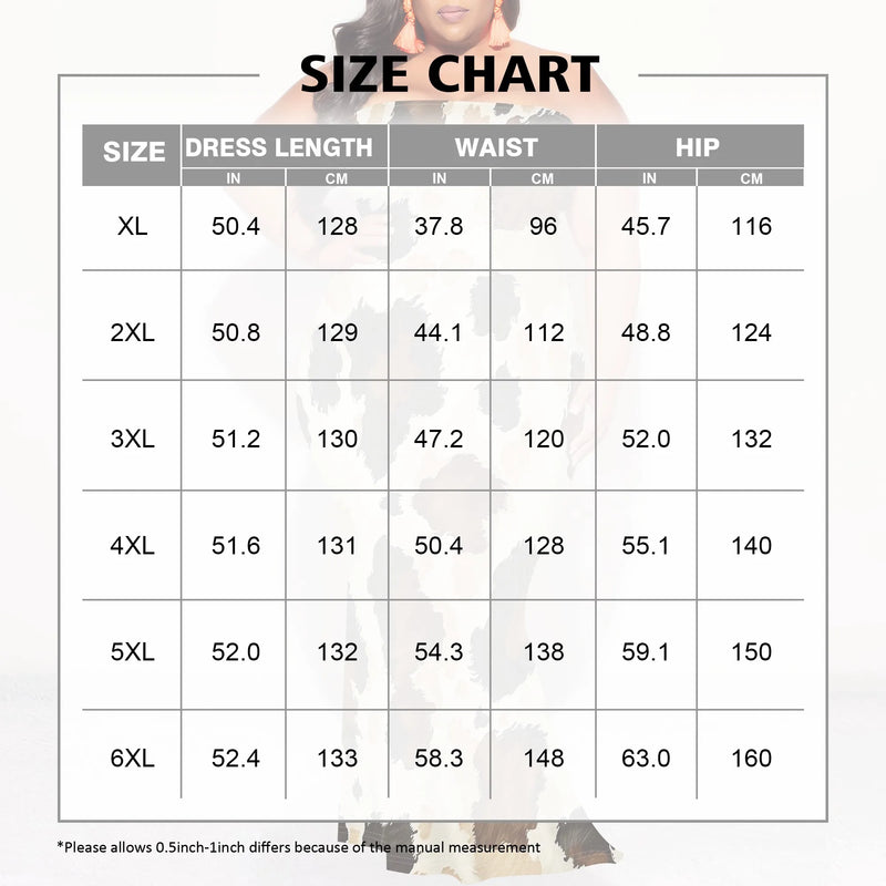 Size chart for Plus Size Cow Print Strapless Maxi Dress showing measurements for XL to 6XL in inches and centimeters.