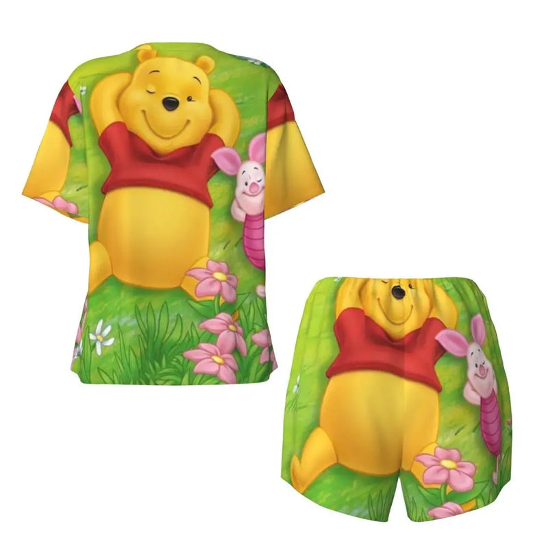 Custom Winnie The Pooh Pajama Sets Womens 2 Piece Short Sleeve Pjs Shorts Sleepwear