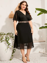 5XL Plus Size Casual Dress Woman 2024 Summer Female V Neck Short Sleeve Sequined Waist Elegant Party Dress Black Long Dresses