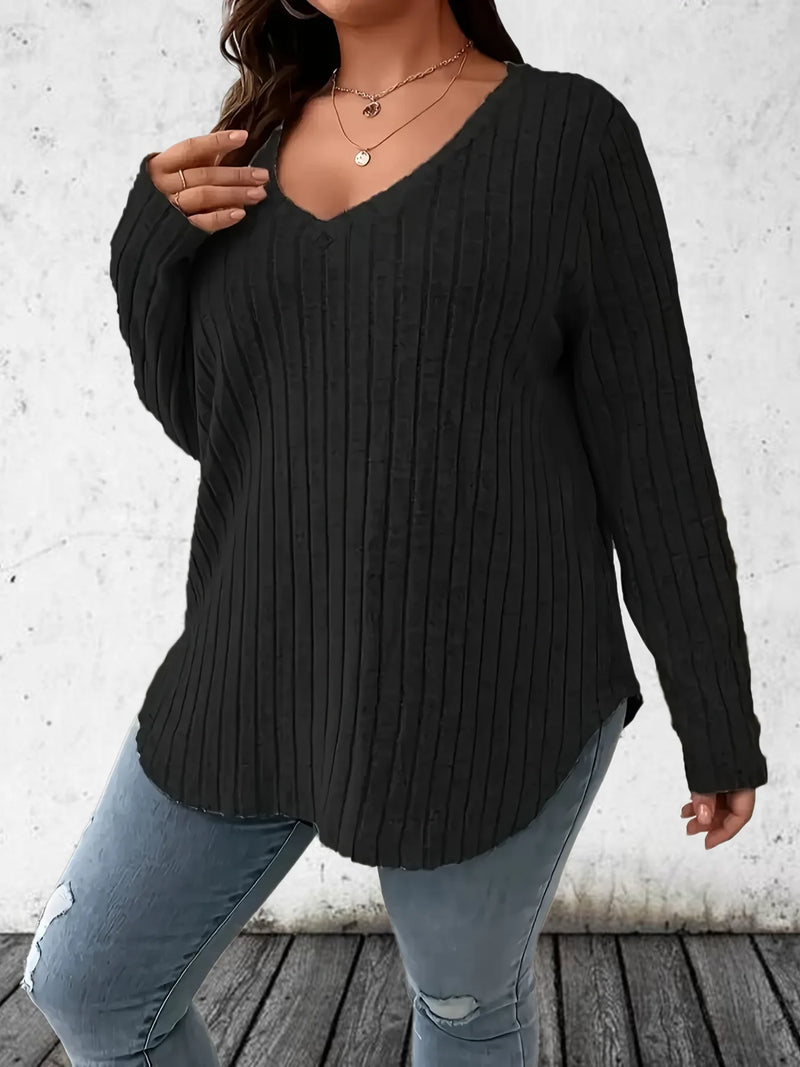 Women Fashion Plus Size 1XL-5XL Solid Ribbed T-Shirt Ladies Casual  V Neck Long Sleeve T-Shirt Women's Plus Size Clothing