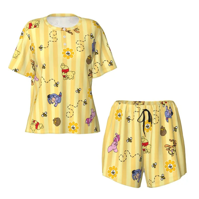 Custom Winnie The Pooh Pajama Sets Womens 2 Piece Short Sleeve Pjs Shorts Sleepwear